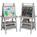 AIYAPLAY Art Easel for Kids with Paper Roll, 3 in 1 Kids Easel Double-Sided Magnetic Whiteboard and Chalkboard with Storage Baskets, for Children 3-6 Years - Grey