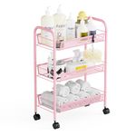 WELDUN 3-Tier Storage Trolley, Rolling Cart, Mesh Storage Cart, Mobile Storage Trolley, Portable, Stable and Easy to Set up, Bedroom Kitchen Bathroom Toilet Living Room Storage Cart, Metal, Pink