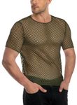 ADOREJOY Men’s Fishnet Shirts See Through Tops Short Sleeve Slim Fitted Crewneck Muscle Tees (Army Green, L)