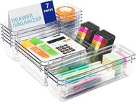 UCRAVO 7Pcs Clear Plastic Desk Drawer Storage Organizer Set Kitchen Organizer, Makeup Organizer Dividers Vanity Tray Set, Desk Drawer Divider Tray, Multi-Purpose Stationery Organizer