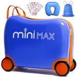 MiniMax 45x36x20cm 29L Kids Ride-On Suitcase 4PCS Set Inc Drawstring Bag, Neck Pillow & 50+ Personalisation Stickers, EasyJet Max Size Childrens Rolling Hand Luggage 6 Year Guarantee (Blue)