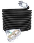 50Ft 12 Gauge Outdoor Extension Cord with 3-Outlets, Heavy Duty 12/3 Extension Cord with Lighted end, 15A 12AWG 1875W SJTW, ETL Listed - Great for Garage, Garden and Home, Black