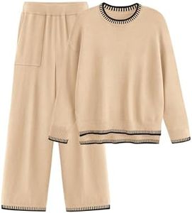 PRETTYGARDEN Women's 2 Piece Knit Sweater Outfit Casual Long Sleeve Pullover Wide Leg Pants Tracksuit Loungewear Set (Beige,Small)