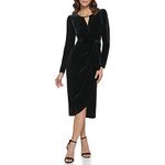 kensie Women's Gold Hardware Stretch Velvet Long Sleeve Midi Dress, Black, 14