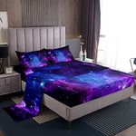 Purple Galaxy Sheet Sets Queen Size Constellation Bedding Set Kids Teens Girls Boys Starry Sky Fitted Sheet Outer Space Universe Star Design, Fashion Microfiber Home Decorative 4 Pcs Bedding Sets