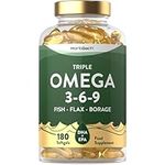 Triple Omega 3 6 9 | 180 Softgel Capsules | High Strength Supplement with EPA, DHA & ALA Essential Fatty Acids | Fish Oil, Flaxseed & Borage Oil | by Horbaach