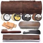 YUET Shoe Polish Kit Cleaning Shine Care Barrel Set For Brown Black Leather With Brush Travel Case Luxury Premium Soft Horsehair Bristle Dauber, Wooden Applicator, Shoehorn, Cloth 13 PCS Brown Pouch