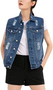 Flygo Women's Buttoned Washed Denim Vest Sleeveless Jean Trucker Jacket (X-Small, Ripped Blue)