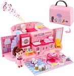 deAO Children’s 2-In-1 Pink Portable Doll House Play Set with Light and Music Functions, Accessories, Carry Case – Great Gift for Kids