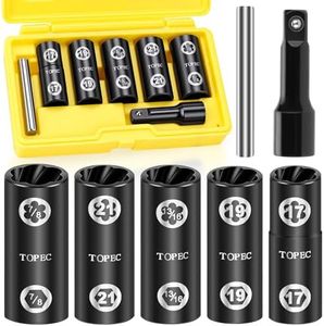 Topec 2-IN-1 Lug Nut Extractor & Socket, 7-Piece Wheel Lock Removal Kit, 1/2" Drive Flip Lug Nut Removal Tool, Tire Bolt Remover Set for Stripped, Damaged, Rounded Bolts
