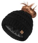 Hat Hut Satin Lined Beanie Hat for Women Silk Lined Winter Hat for Curly Hair Ponytail Beanie Messy Bun Knit Skull Cap (Black)