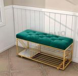 PADHAN'S Shoe Bench,entryway Bench with Shoe Storage,Modern Shoe Rack Bench with Cushion,upholstered 3 Tier Metal Shoe Storage Bench for entryway, Hallway,Front Door Gold (Green)