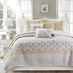 Madison Park 100% Cotton Quilt Set Floral Print, Double Sided Stitching, All Season, Lightweight Coverlet Shabby Chic Bedding Layer, Matching Shams, King/Cal King, Yellow 6 Piece