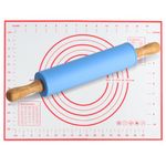 Silicone Rolling Pin for Baking, 12 Inch Silicone Rolling Pin with Wooden Handle Non Stick, Pastry Pizza Dough Roller Rolling Pin with Silicone Baking Mat for Pizza Pasta Cookie Pie Crus (Blue)