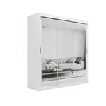 ELUKS SKY Double Sliding Doors Wardrobe with Mirror Drawers Furniture for Bedroom Living Room and Hall Wardrobe Organizer Width 100cm/120cm/150cm/180cm/200cm (White, 200cm+ 4 drawers)