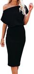 EZBELLE Women's Off The Shoulder Short Sleeve Wrap Casual Party Bodycon Midi Dress Black Small