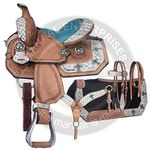 Manaal Enterprises Adult Classic Quality Premium Leather Comfort Western Barrel Racing Trail Equestrian Horse Saddle, Headstall, Breast Collar & REINS Size 14 to 17 inches Seat (White Patch, 14)