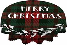 AOYEGO Merry Christmas Table Cloth Red Green Plaid Leaves Wreath Holiday Round Tablecloth 60 Inch for Dining Room, Party, Banquet