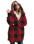 Zilcremo Women Fuzzy Cardigan Winter Hooded Jacket Open Front Fleece Coat Outwear with Pockets Redplaid XXL