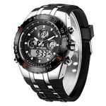 GOLDEN HOUR Luxury Military Sports Men's Watches Large Size Big Face 3ATM Waterproof, Stopwatch, Date and Date, Alarm, Luminous Digital Analog Wrist Watch with Rubber Band, silver black, Digital