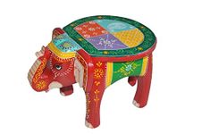 Mansi Enterprises Hand-Crafted Wooden Elephant Stool, Emboss Painted (Multicolored), 20.3 Centimeters, Gold