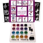 Ingala PREMIUM Glitter Tattoo Kit for Girls | Unique Professional Glitter Tattoos for Kids and Adults | 74 Amazing Glitter Tattoo Stencils | 2 XL (15ml) Glitter Tattoo Glue