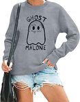 FASHGL Ghost Malone Sweatshirt Women Funny Halloween Pullover Spooky Graphic Blouse Casual Long Sleeve Tee Tops, Grey, X-Large