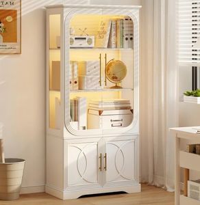 Lareth Display Cabinet with Glass Doors, 69 in Tall Bookcase with LED Lights, Glass Display Case Kitchen Pantry Cabinet, 5 Tier Curio Storage Cabinet for Living Room, Home Office, White