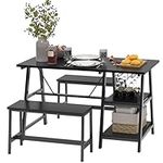 SogesGame 47 Inches Dining Table Set of 3, Kitchen Table Set with Bench for 2-4 Space Saving with Wine Rack Hooks,Black