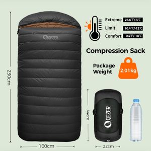QEZER XXL Down Sleeping Bag – 230x100cm, 1300g, Black, 3-4 Season Lightweight for Adults Camping