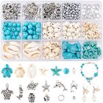 PH PandaHall 292pcs Turquoise Jewelry Making, Starfish Mermaid Turtle Charms Beads Summer Beach Beads Charms Alloy Sea Pendants for Gift Necklace Earring Bracelet Anklet Craft Jewelry Making