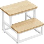 SZLHANJZ Step Stool, Wood and Metal Stepping Stool for Adults with Round Corner, Bedside Steps for High Beds, Small Foot Stool for Bedroom Kitchen, 500LB Load, Light Brown + White