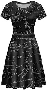 POLERO Women Puffy Swing Elegant Party Midi Dresses Short Sleeve Round Neck A-Line Dress, Math Formula, Small