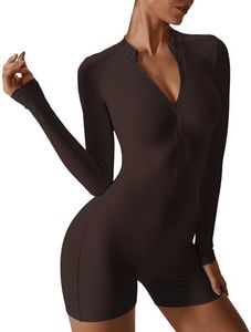 Hotfiary Women Workout Jumpsuits Yoga Romper Long Sleeve One Piece Zip Up Jumpsuits Shorts Sports Gym Unitard Casual Playsuit, Coffee, Small