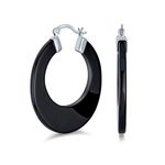 Wide Flat Black Gemstone Large Oval Hoop Earrings Western Jewelry For Women Teen .925 Sterling Silver 1.5" Diameter