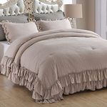 QSH Shabby Ruffled Comforter Set 3 Pieces, Lightweight Taupe Bed Comforter,Microfiber Inner Fill Bedding King Size