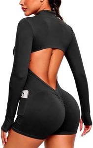 SEASUM Women's Long Sleeve Backless Workout Bodysuit with Side Pockets Stretch Yoga Zip up Romper for Gym Jumpsuits Black XL
