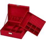 Coqlycot Jewellery Box Organiser with Lock for Necklace Earrings Bracelets Rings, Double Stackable Layer, Removal Tray, Suede Leather Jewelry Storage Case with Necklace Hangers Compartment (Red)