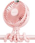 SWEETFULL Portable Stroller Fan with LED Display 4000mAh Battery Powered Mini Clip Fan, 4-Speed Rechargeable Small Personal Fan Handheld Desk Cooling Fan for Car Seat Crib Treadmill Travel-Pink