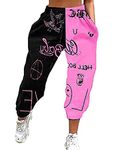 MIEAHORY Womens Loose Sweatpants Funky Printed Elastic Waist Color Block Lounge Trousers with Pockets (Black Pink, XL)