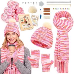 Reessy Knitting Kit, Knitting Set for Beginners Adults with Step-by-Step Video Tutorials, Knitting Needles, Yarn, Accessories, Complete 3-in-1 Knitting Kits for Adults-Make Warm Hat Scarve Gloves-Pink
