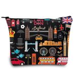 LEVLO London Travel Gift British Theme Cosmetic Bag England Souvenir Gift United Kingdom Make Up Zipper Pouch Bag, London Black, Cosmetic Bag