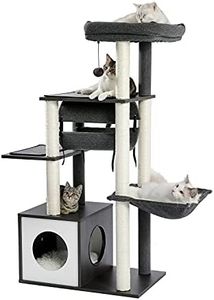 PAWZ Road Cat Tree Cat Scratching Post with a Large Hammock Play Tower, Play Tunnel Wooden Furniture Cat Stand 130cm Grey