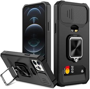 for iPhone 12 Pro Max Case with Card Holder and Slide Camera Cover,360° Rotate Ring Kickstand Heavy Duty Protective Phone Cover Case for iPhone 12 Pro Max -Black