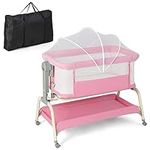 COSTWAY 4-in-1 Baby Bedside Crib, Heights Adjustable Rocking Bassinet with Mattress, Detachable Net, Storage Basket, Lockable Wheels and Travel Bag, Newborn Cradle Bed for Birth to 9kg (Pink)