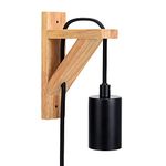 SHINY STAR Vintage Wall Light, Wooden Wall Light Sconce Indoor Light with Plug-in and Long Cable Black Braided Cable Wall Light Fixtures E27 Bulb Base Wall Light for Living Room HT207WPB