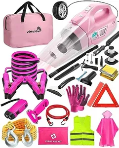 vioview Roadside Emergency Car kit for Vehicles, with 4 in 1 Inflatable Car Vacuum Cleaner, Pink Jumper Cables, First Aid Kit, Tow Rope, Vehicle Road Trip Must Haves Pink Accessories for Women