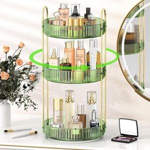 Makeup Organizer, 360 Rotating Large Cosmetics Beauty Storage Supplies Display Case 3 Layers Lazy Susan Organizer for Vanity Perfume Skincare Lipsticks (Green)