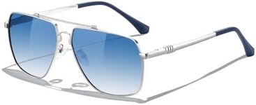 KANASTAL Sunglasses Mens Gradient Blue Sunglasses Womens Square Polarised Sunglasses Ladies Classic Retro UV Protection Large Metal Frame - Silver Frame Blue Lens