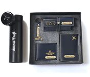 Saanvi Crafts Customized 5 in 1 Engraved 1 LED Flask Bottle, Passport Cover with Wallet, Eye Wear Case, and Metal Keychain Combo - Men's Combo Accessories, Birthday Gifts, Personalised Gifts (Blue)